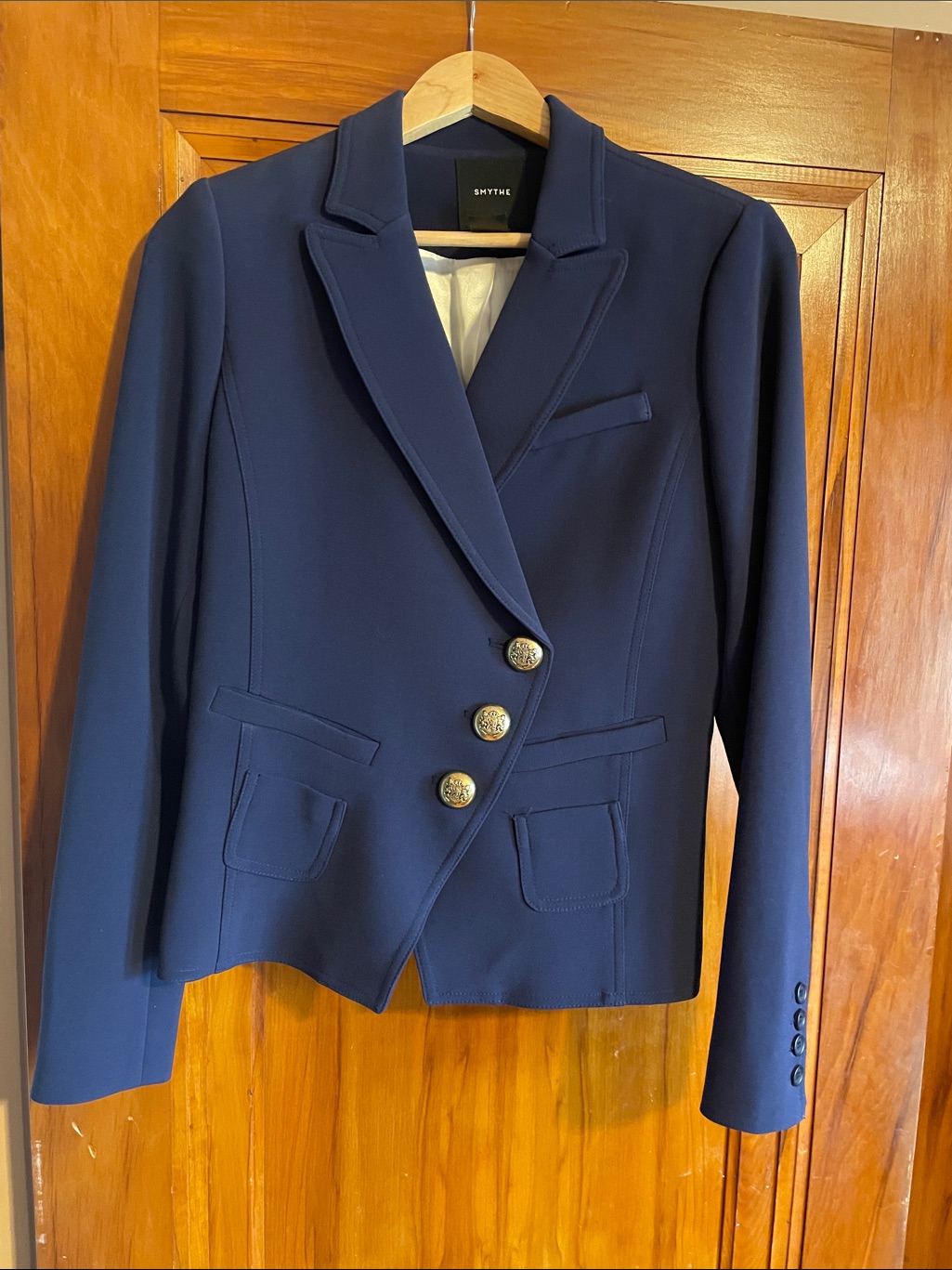 Smythe Deep Navy Wrap /Asymmetrical Blazer With Gold Buttons